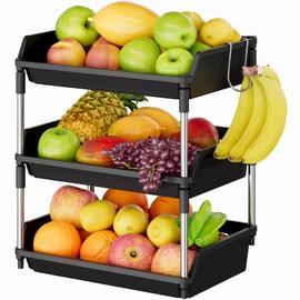Lifewit Fruit Basket for Kitchen Counter, 3 Tier Fruit Bowl with Banana Hanger, Vegetable Storage Stand Holder Organizer for Bread Snack Produce, Black, 35 x 24 x 40 cm/14 x 9.5 x 16 inch