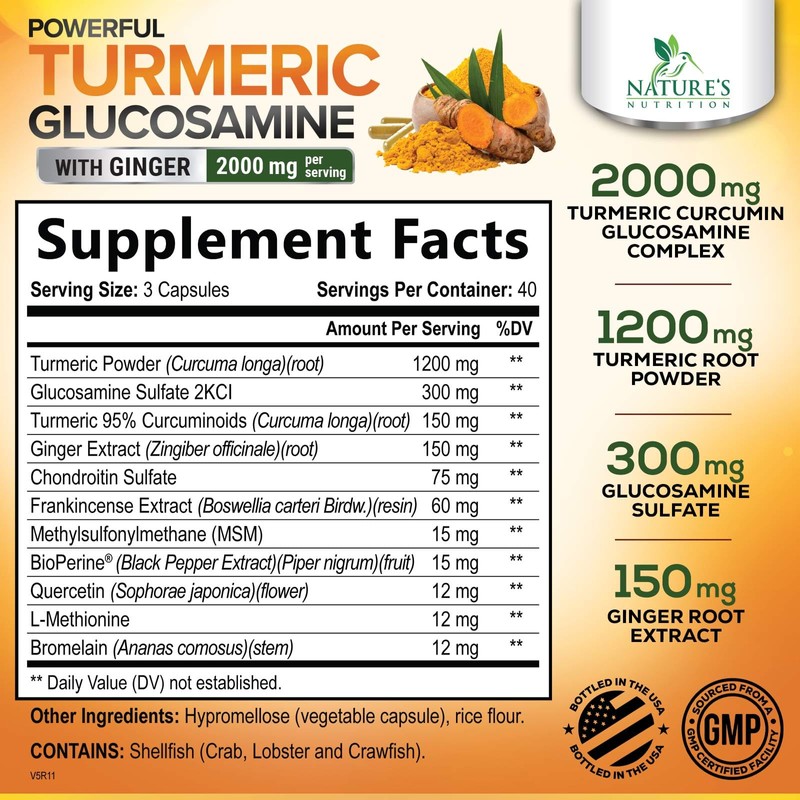 Turmeric Curcumin Supplement 2000mg with Glucosamine Chondroitin & Ginger, 95%