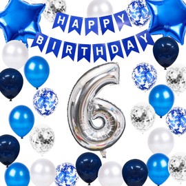 6th Birthday Party Decoration Blue for Boys, Happy Birthday Banner Blue Number 6 Birthday Star Foil Balloons Latex Confetti Balloons for Him Boys 6 Years Old Birthday Supplies(6th )