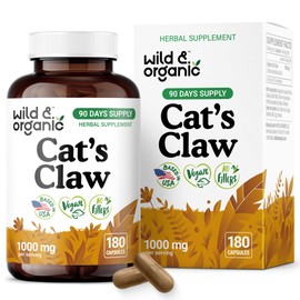 Wild & Organic Cat's Claw Herbal Supplement 1000 mg - Immune Support - Pure Cat's Claw Capsules - Uncaria Tomentosa Bark - 90 Days of Supply - Vegan, No Fillers, Non-GMO - 180 Count