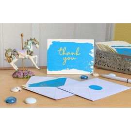 Thank You Cards with Envelopes and Stickers - Kraft Paper Blue with Gold Foil, Boy Baby Shower Notes for Gratitude - 50 Single Design Cards for Wedding, Business, Formal, Bridal Shower and All Occasions 3.75x5 Inch