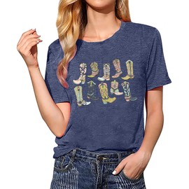 Cowboys Boots Shirts Women Long Live Western Vintage Cowgirl Graphic Tees Funny Letter Print Country Music Tshirt Greyblue L