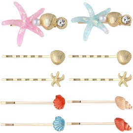 HINZIC 10 Pack Mermaid Starfish Hair Clips, Seashell Pearls Crystal Hair Sticks, Sparkling Sea Star Bobby Pins Ponytail Holder, Faux Wedding Headpiece Hair Barrettes Accessories For Women Girls Style