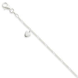 Solid 925 Sterling Silver 10inch Polished Dangling Love Hearts on Figaro Link Anklet Bracelet - with Secure Lobster Lock Clasp 10"