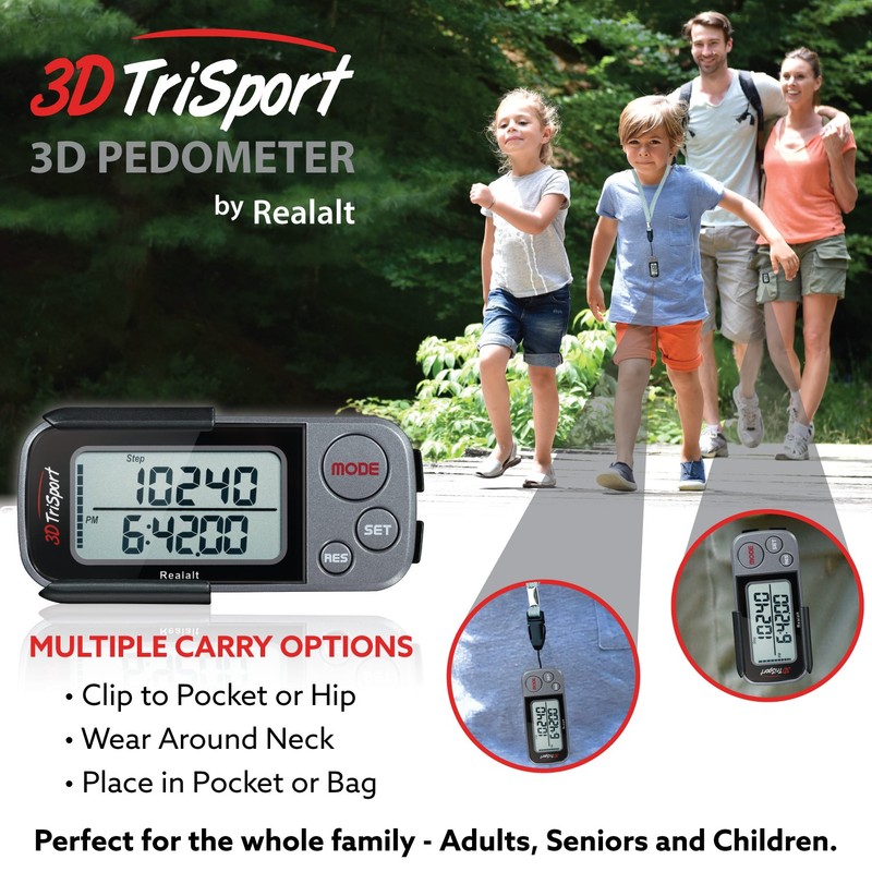 Realalt 3DTriSport 3D Pedometer, Accurate Step Counter with Clip and