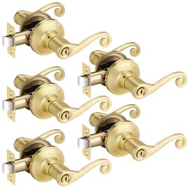 Bonpoly 5 Pack Gold Door Handles, Satin Brass Door Handle, Wave Handle Privacy Door Lever Bed/Bath Door Lockset, Right Handing