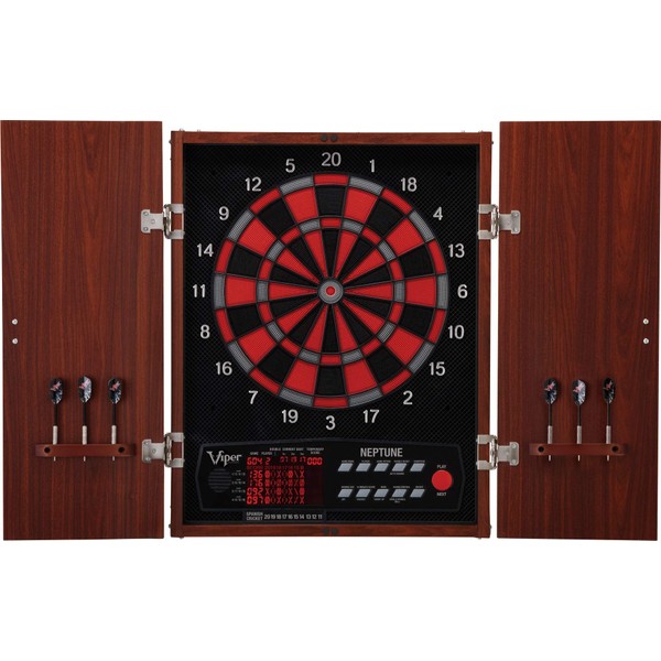 Viper by GLD Products Neptune Electronic Dartboard Cabinet Combo Pro Size Over 55 Games Large Auto-Scoring LCD Cricket Display Extended Dart Catch Area 16 Player Multiplayer with Soft Tip Darts and Power Adapter , 21.5" L x 26.5" W x 3.5" H