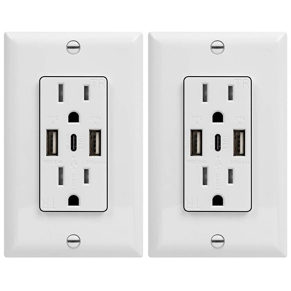 TOPGREENER 5.8A High-Speed USB Type-C/A Wall Outlet Charger, 15Amp Duplex TR Receptacle Plug, Charging Power Outlet with USB Ports, Electrical USB Socket, UL Listed, TU21558AC3-2PCS, White, 2 Pack