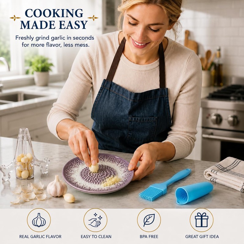 Ceramic Garlic Grater Plate Set with Rack & Cleaning Brush(Purple)