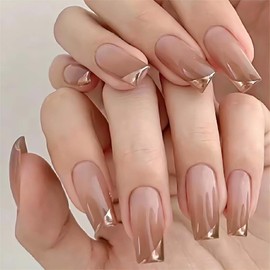 RUOKEXIN Medium Press on Nails Coffin Fake Nails with Designs Nude Gradient Acrylic False Nails with Glue French Gold Tip Artificial Nails Glossy Fake Fingernails Stick on Nails for Women 24Pcs