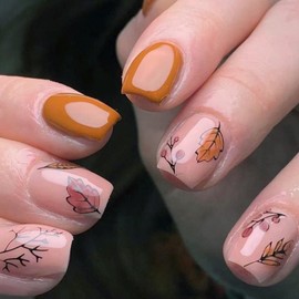 Press on Nails Short Square Fake Nails Orange Yellow Nails Press ons Glossy Glue on Nails Fall Acrylic Nails with Leaves & Branches Designs Artificial Stick on Nails for Women 24Pcs