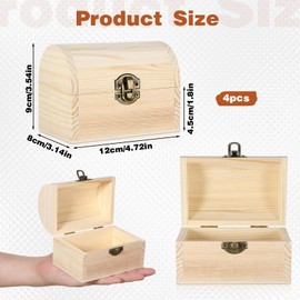 4 Pcs Wooden Boxes for Crafts Unfinished Wood Treasure Chest Treasure Box Small Wooden Boxes 4.72x3.15inch Decorative Wood Box with Hinged Lid for Art Hobbies DIY Jewelry Gift Storage