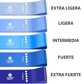 Genérico Cardio Beat Bandas de Resistencia, 5 Piezas, X-Light, Light, Medium, Heavy, X-Heavy, 30cm x 5cm, para Ejercicio en Casa o Gimnasio (Azul)