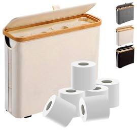 Meetue 12 Rolls Toilet Paper Storage, Slim Toilet Paper Basket with Lid&Handle for Bathroom, Sturdy Linen Type Canvas&Smooth Roll Organizer with Rubber Feet for Roll Tissue, 17.8" x 6" x 13.8", Beige
