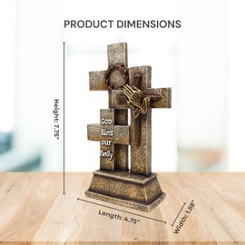 Triple Standing Cross with God Bless Our Family, Praying Hands, Nails and Crown of Thorns Rustic Design – Resin Religious Gift for Spiritual Encouragement–Inspirational Décor for Home & Prayer Room