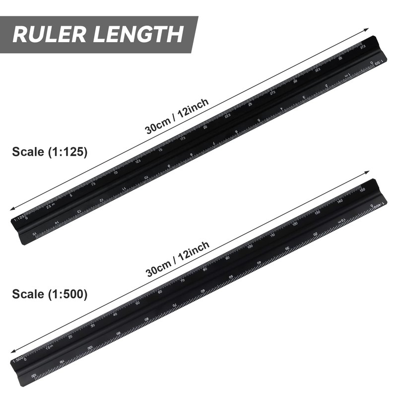 2Pcs Architectural Scale Ruler, Black Aluminum Triangular Scale Ruler 30cm,