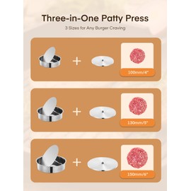 FOHERE Burger Press Patty Maker, 3 in 1 Commercial Burger Patty Maker, 4/5/6-inch Stainless Steel Patty Maker with 1500 Pcs Patty Papers, Anti Slip Feet, Reset Button