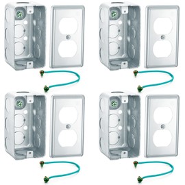 Copkim 4 Packs 4" Metal Receptacle Electrical Box with Exposed Work Cover Grounding Wire and Screw Galvanized Steel Metal Junction Box (1 Duplex)