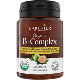  Earthier Organic Vitamin B Complex - Derived from Whole Foods - Complete Blend of All 8 B Vitamins in Each Vegan Capsule - 60 Capsules