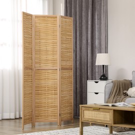HOMCOM 3 Panel Room Divider, 5.5' Tall Bamboo Portable Folding Privacy Screens, Hand-Woven Double Side Partition Wall Dividers for Home Office, Natural