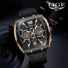 LIGE High-Looking Luminous Waterproof Tonneau-Shaped Large Dial  Watch for Sporty Design Daily Wear Fashionable Style tiktok watches reloj Menquartz - Color: Red Black