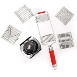 BergHOFF 6Pc Stainless Steel Multi-Slicer Pro/Mandoline 4 Interchangeable Sharp Blades with Safe Guard Hand Protector Lightweight, Silver and Red