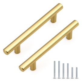 Probrico 10 Pack Hole Centers (90mm) 3.5inch Gold Kitchen Cabinet Pulls Stainless Steel Polished Gold Cabinet Handles Round T Bar Pull Handle for Cabinets and Drawers Total Length 6inch(150mm)