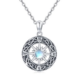 Compass Necklace for Women 925 Sterling Silver Celtic Knot Moonstone Compass Pendant Necklace Vintage Jewelry Gifts for Women