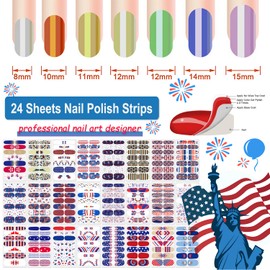 DANNEASY 24 Sheets 4th of July Nail Polish Stickers Full Nail Wraps Independence Day Self Adhesive Nail Polish Strips Fingernail Stick on Nails for Women with Nail File, Cuticle Stick