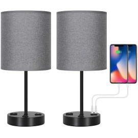 Unbranded Set of 2 Bedside Table Lamp w/Gray Shade Nightstand Lamp w/USB Port for Bedroom