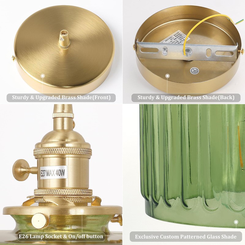 Shenmoyl Pendant Light with Green Striped Glass Lmapshade, Brass Vintage