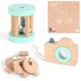 Freniland Wooden Montessori Toys, 3-Piece Wooden Baby Toys, Rotating Drum Toy, Camera Kaleidoscope Toys, Key Rattles