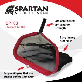SKIMLITE MANUFACTURING SP100 Leaf Skimmer Net for Cleaning Pools 14" Heavy Duty Fine Mesh Rake Cleaner Tool Reinforced Frame & Metal Handle Debris Removal for Inground Hot Tub Spa, Fits All Pool Poles