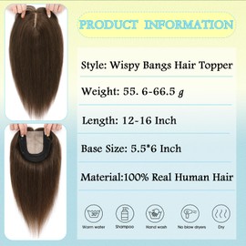 OLLAVO Hair Toppers for Women Real Human Hair, 360° 3D Toppers Pieces for Women with Thinning Crown Wispy Bangs 12 Inch Upgrade Big Basement (Medium Brown, 12 Inch Wispy Bangs)