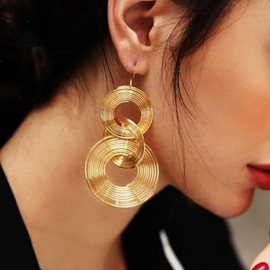 TseenYi Punk Exaggerated Circle Dangle Earrings Gold Triple Swirl Circle Dangle Earrings Vintage Long Circle Hoop Earrings Geometry Circle Round Drop Earrings Jewellery for Women and Girls, Silver