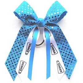 Cheerleading Soft Touch Sequin Hair Bow, Made in the USA, White Pony Band (Turquoise)