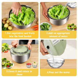 Stainless Steel Salad Spinner Large, Vegetables Fruits Wash Bowl with Strainer, Lettuce Spinner Dryer with 5 Blades Slicer, Egg Yolk Strainer, Shredder for Efficient Salad Preparation 5.3Qt