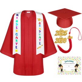 Lasnten Unisex Matte Kindergarten Graduation Gown Cap Tassel Set with 2025/2026 Charm Printed Stole for Kid Grad Gift(27,Red)