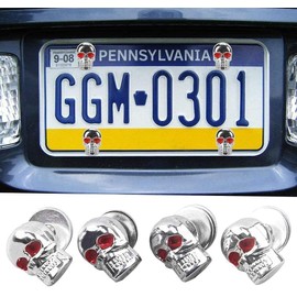 Skull License Plate Bolts, Universal License Plate Fasteners Screws Caps for Motorcycle Chopper Car Tag Frame, Stainless Steel Windscreen Trim Cover Replacement Kit (Chrome, 4 Pack) 1996-2023
