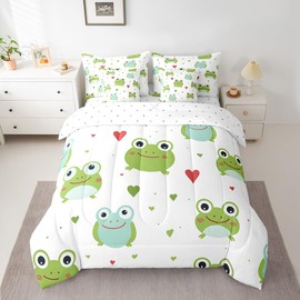 Kids Frog Twin Size Comforter Set 7-Piece Toddler Funny Frog Bedding Sets,Cartoon Animal Theme Bed in a Bag Green Wildlife Bedding Comforter Sets Love Heart Bed Set Kids Boys Girls Bedroom Decor