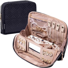 Travel Jewelry Case Organizer - Stand Up Jewelry Travel Organizer - Jewelry Holder Organizer- Travel Necklace Organizer Tangle Free with Mirror, Jewelry Storage,Gift for Women - Color: Black