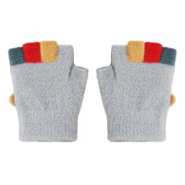 Kids Fingerless Gloves with Mitten Cover Cute Cartoon Convertible Flip Top Gloves Kindergarten Students Winter Warm Knit Cycling Gloves Half Finger Gloves for Boys Girls 3-5 Years (Style 1-Light Grey)