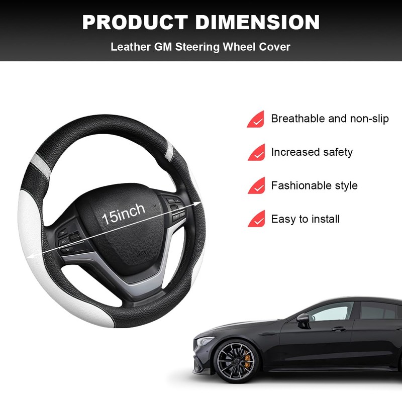 MUQIDA Car Steering Wheel Cover, 15 Inch Premium Leather Breathable