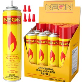 NEON Butane Fuel Refill, 300ml Ultra Refined Lighter Fluid, Premium 99.999% Pure Butane Gas with Metal Nozzle and 5 Butane Adapter Tips for Torch Lighter, Kitchen Torches, Refillable Lighters, 12 Cans
