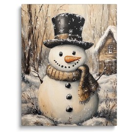 Christmas Canvas Wall Art Decor - Charming Snowman with Black Hat and Brown Scarf Adorned with Delicate Snowflakes, 8X10inch, Set Against a Cozy Cabin with Gently Falling Snow for a Holiday Ambiance