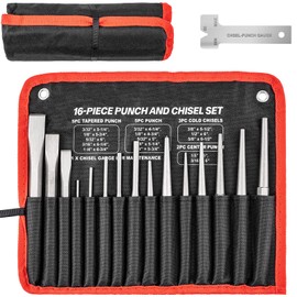 Jiimee 16 Pcs Punch and Chisel Set, Including Taper Punch, Center Punch, Pin Punch, Cold Chisels and Chisel Gauge for Mechanic and Metalworking