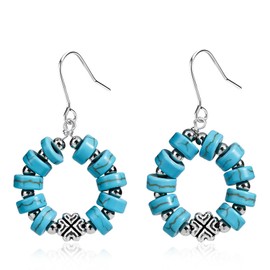 Teppdfann Turquoise Dangle Earrings for Women – Silver Boho Drop Earrings with Turquoise Jewelry Beads & Silver Geometric Accents, December Birthstone Earrings for Gift