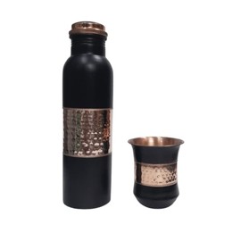 Ornate International COPPER WATER BOTTLE 1000 ML MIDLE SEQUENSE HAMMERED NEW LOOK DESIGN FOR DRINKING WATER (BLACK) set of 2 (BLACK)