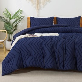 Litanika Navy Blue California King Comforter Set, 3 Pieces Cal King Oversized Chevron Tufted Bedding Comforter Sets, Fluffy Bed Set (104x96In Comforter & 2 Pillow Shams)