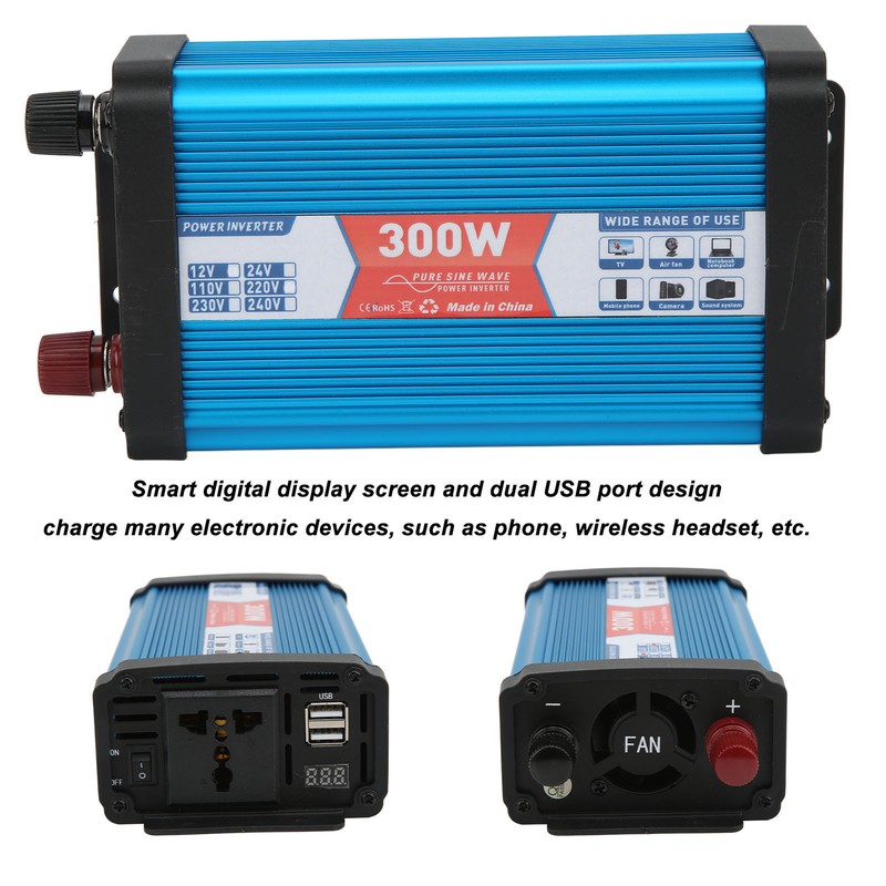 Car Power Inverter Pure Sine Wave 300W Continuous Dual USB